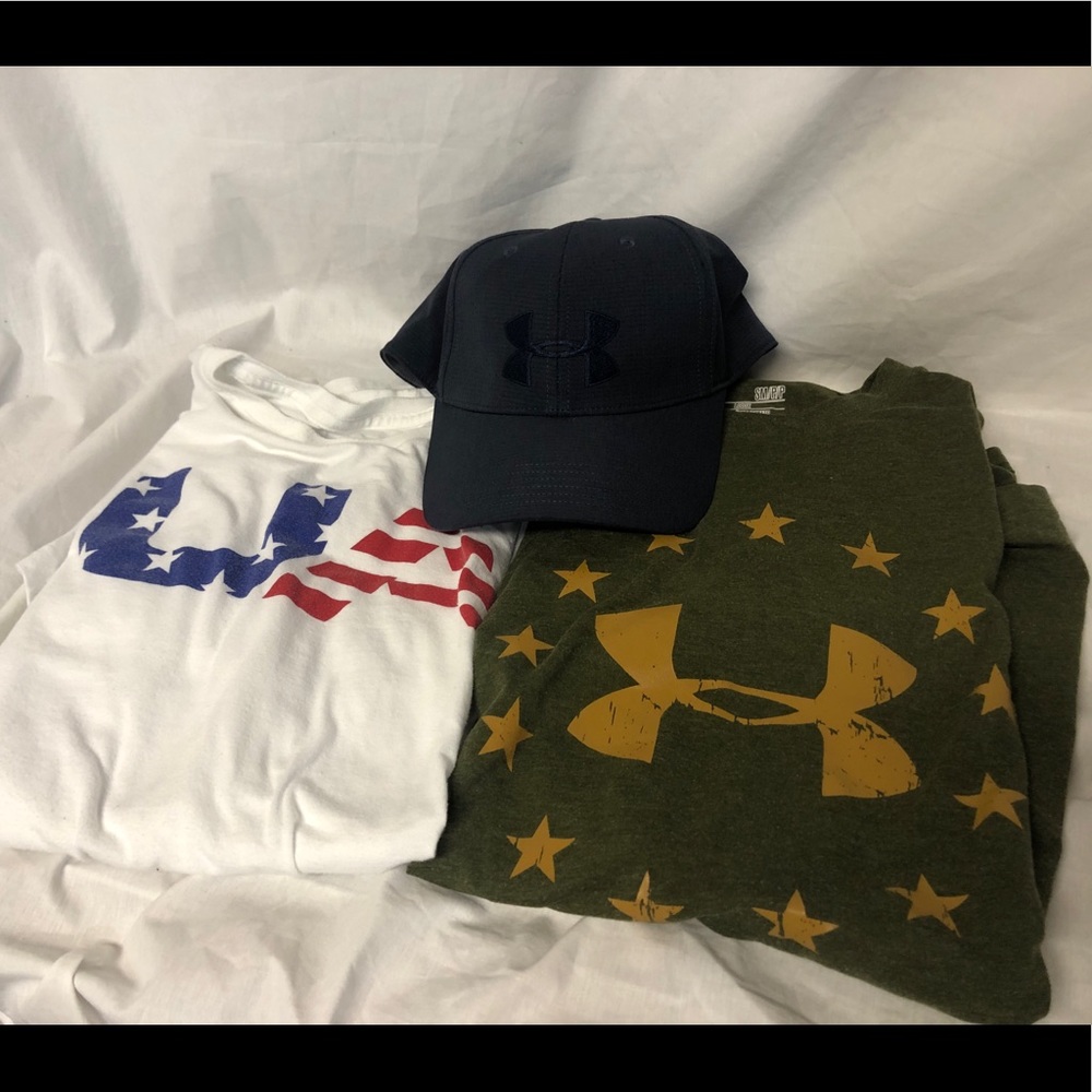 Men’s Under Armour Lot shirts and hat size small